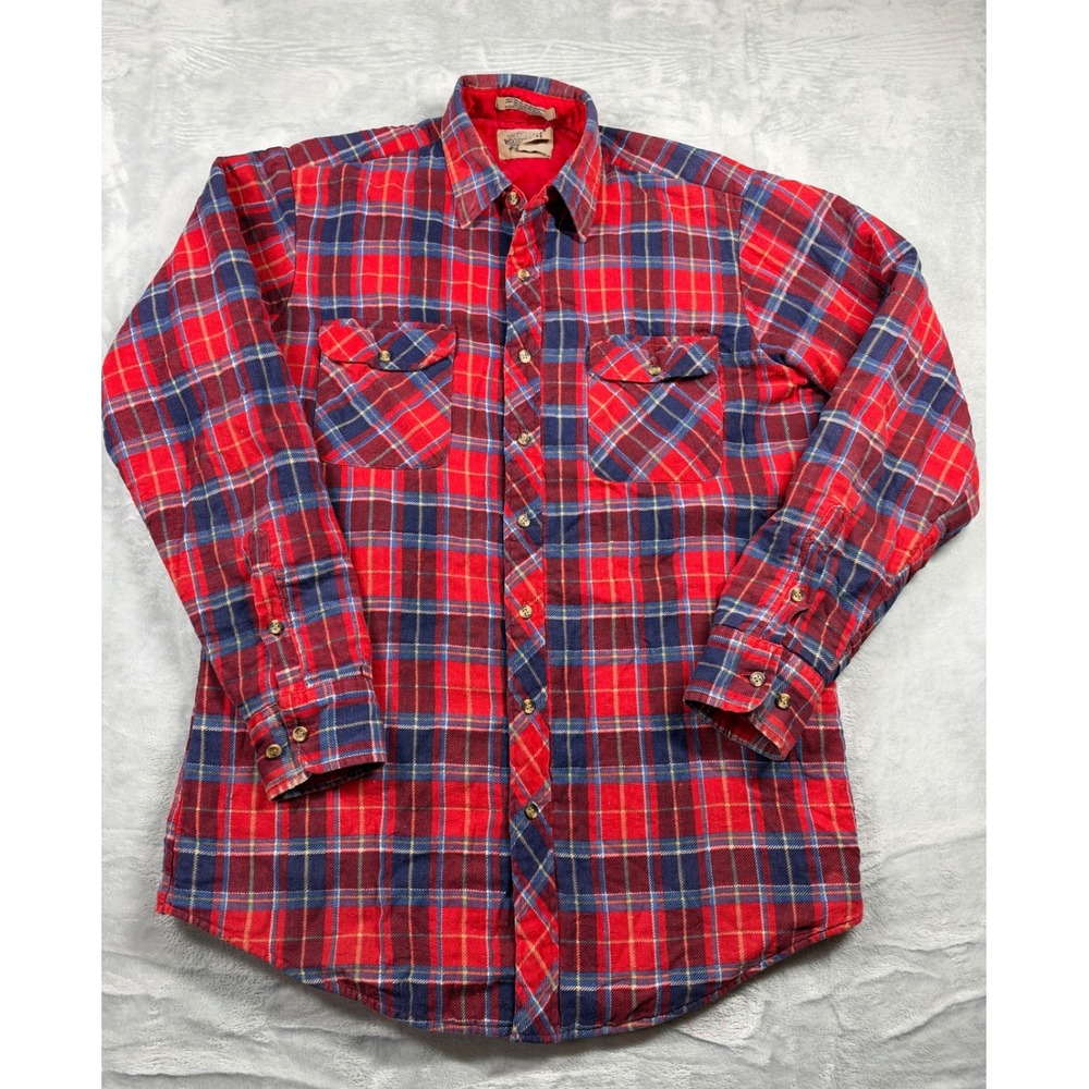 Vintage Saugatuck Men Med Tall Quilt Lined Flannel Shirt Jacket Red Blue Plaid